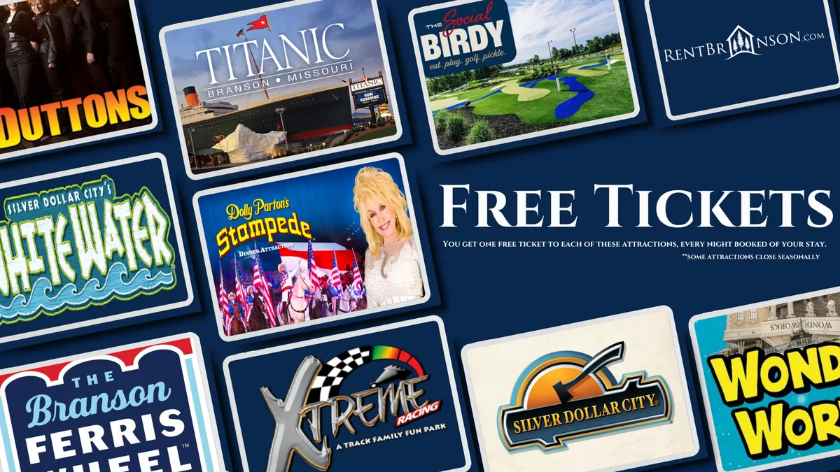 A colorful, engaging display of attraction tickets with recognizable logos and promotional highlights, representing the variety of local entertainment and family-friendly activities available nearby.
